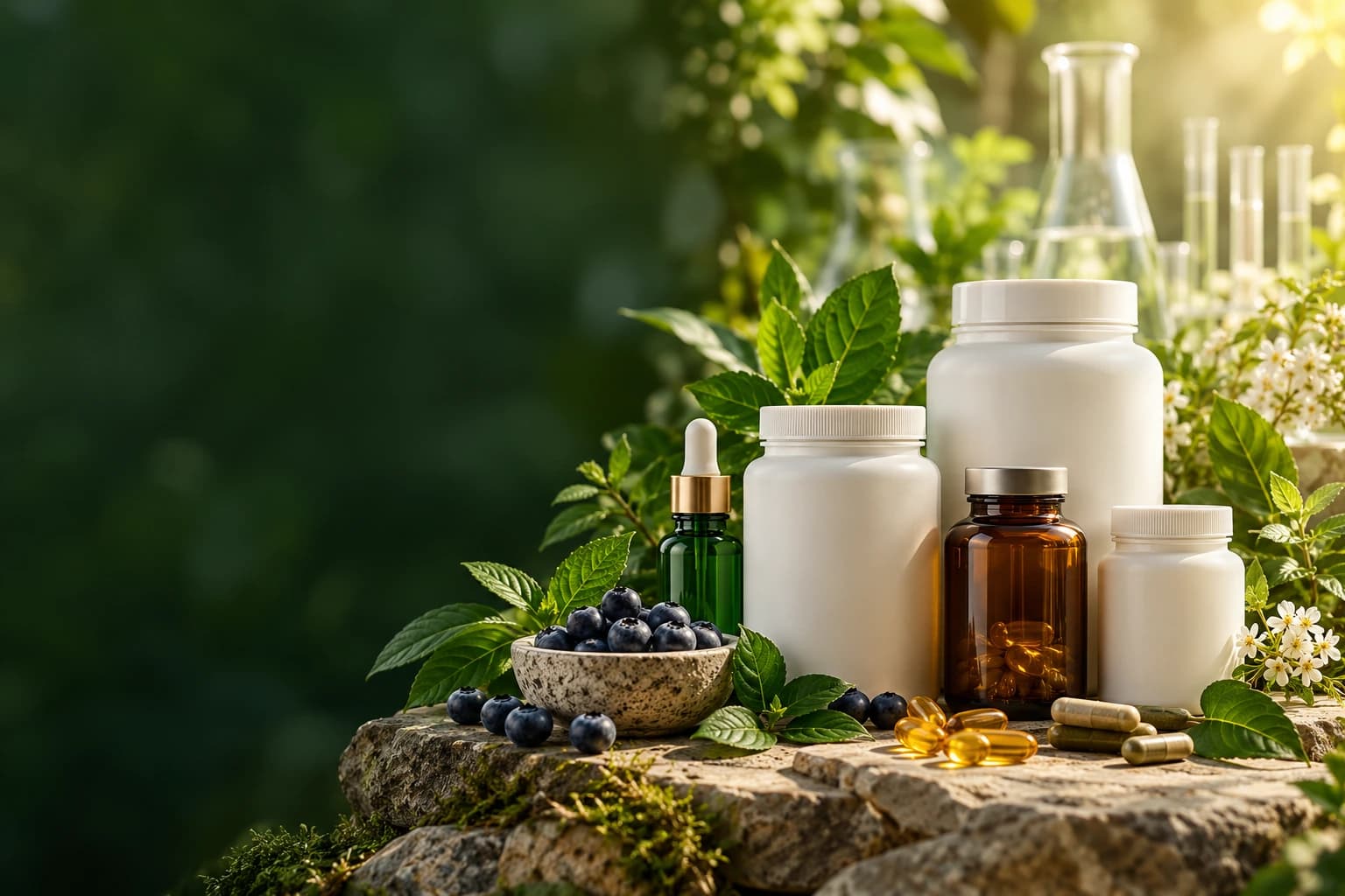 Conceptual wellness packaging with botanical leaves and berries