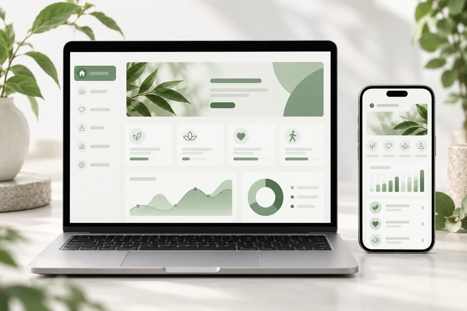 Illustrative laptop and phone with an abstract member portal interface